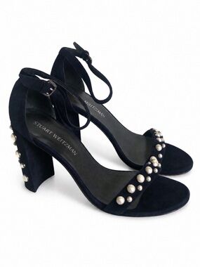 Stuart Weitzman Navy Pearl-Embellished Heels